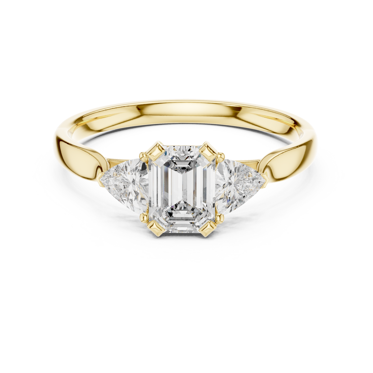 emerald cut three stone engagement ring with trillion side stones