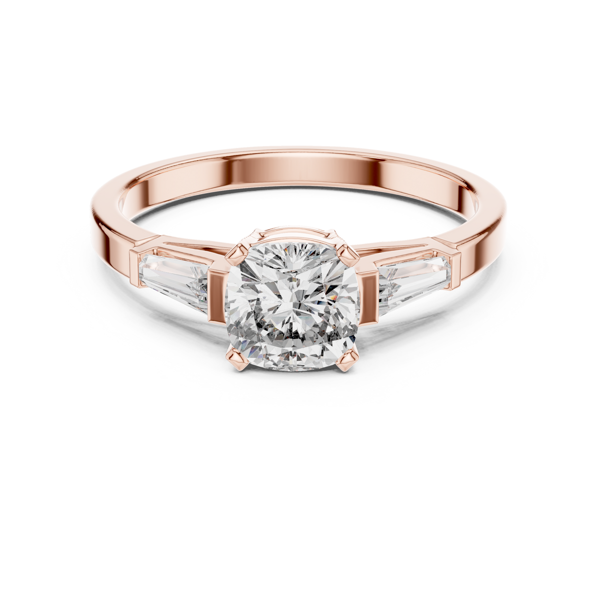 cushion cut engagement ring with tapered baguette side stone