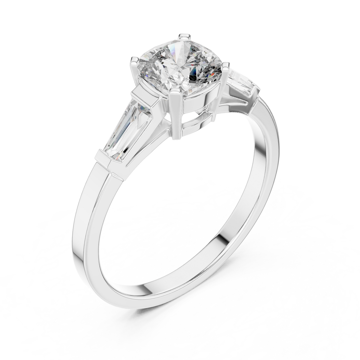 cushion cut engagement ring with tapered baguette side stone