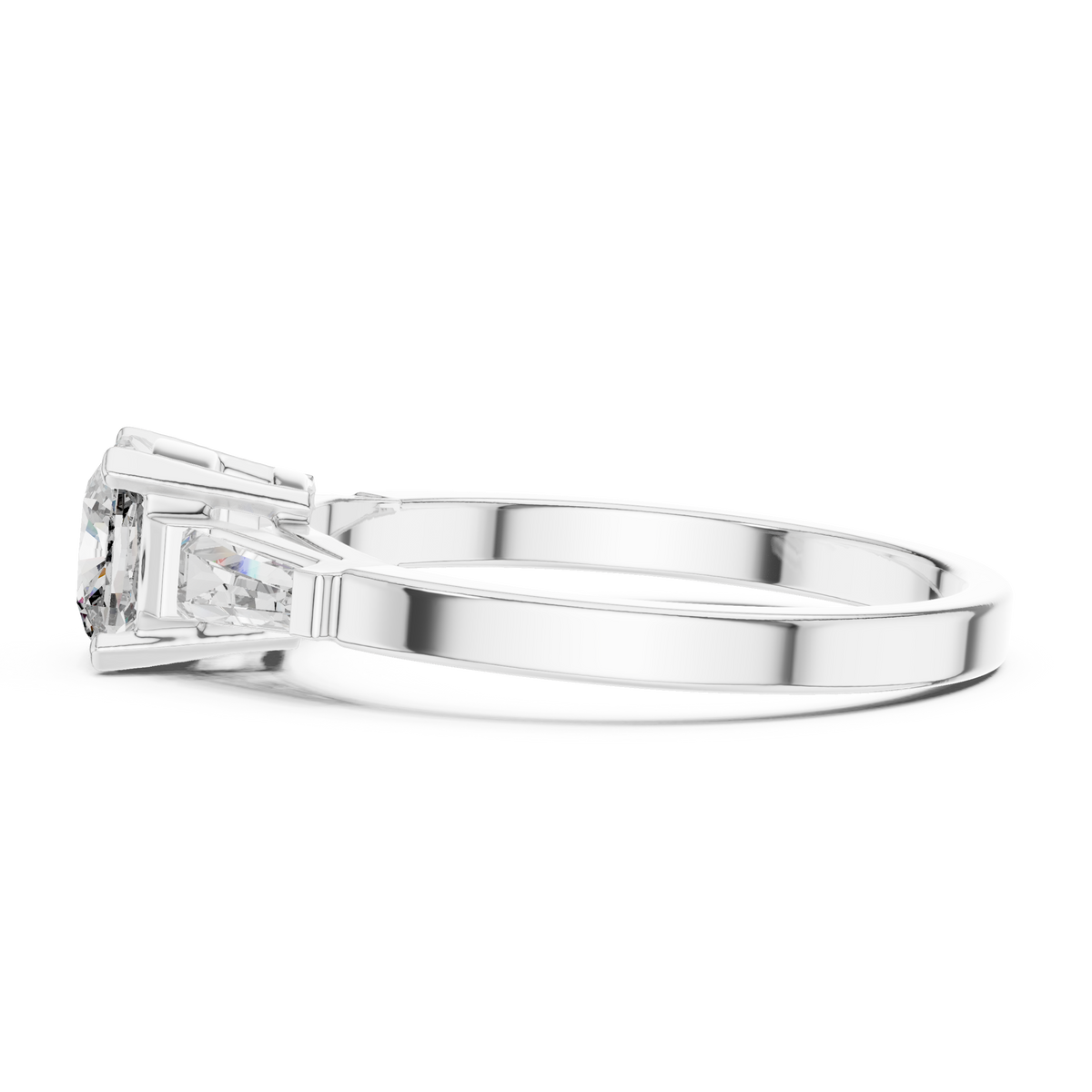 cushion cut engagement ring with tapered baguette side stone