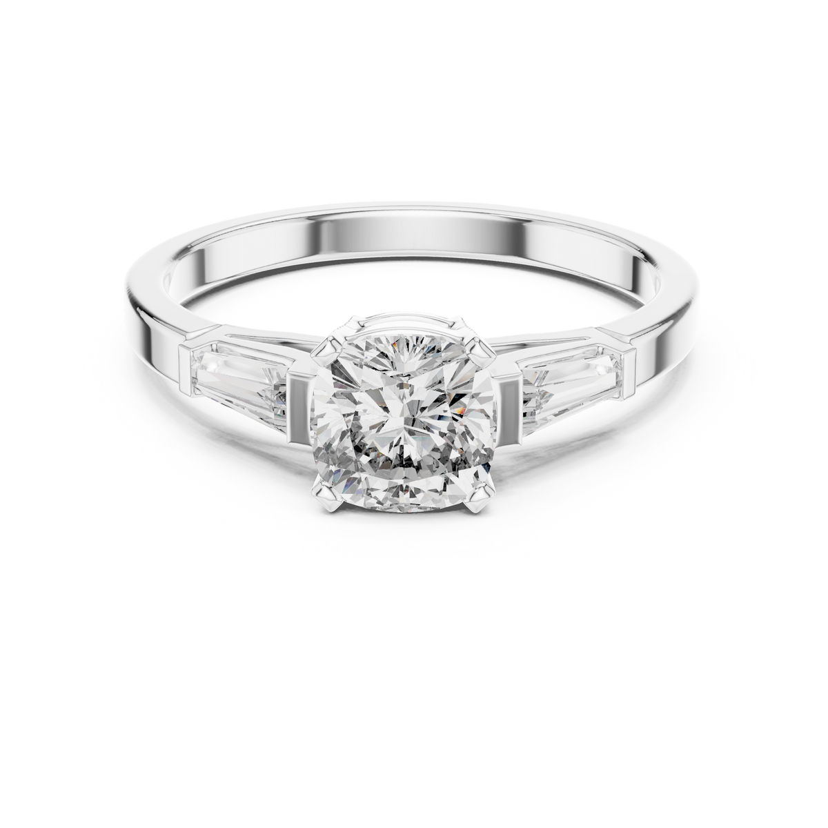 cushion cut engagement ring with tapered baguette side stone