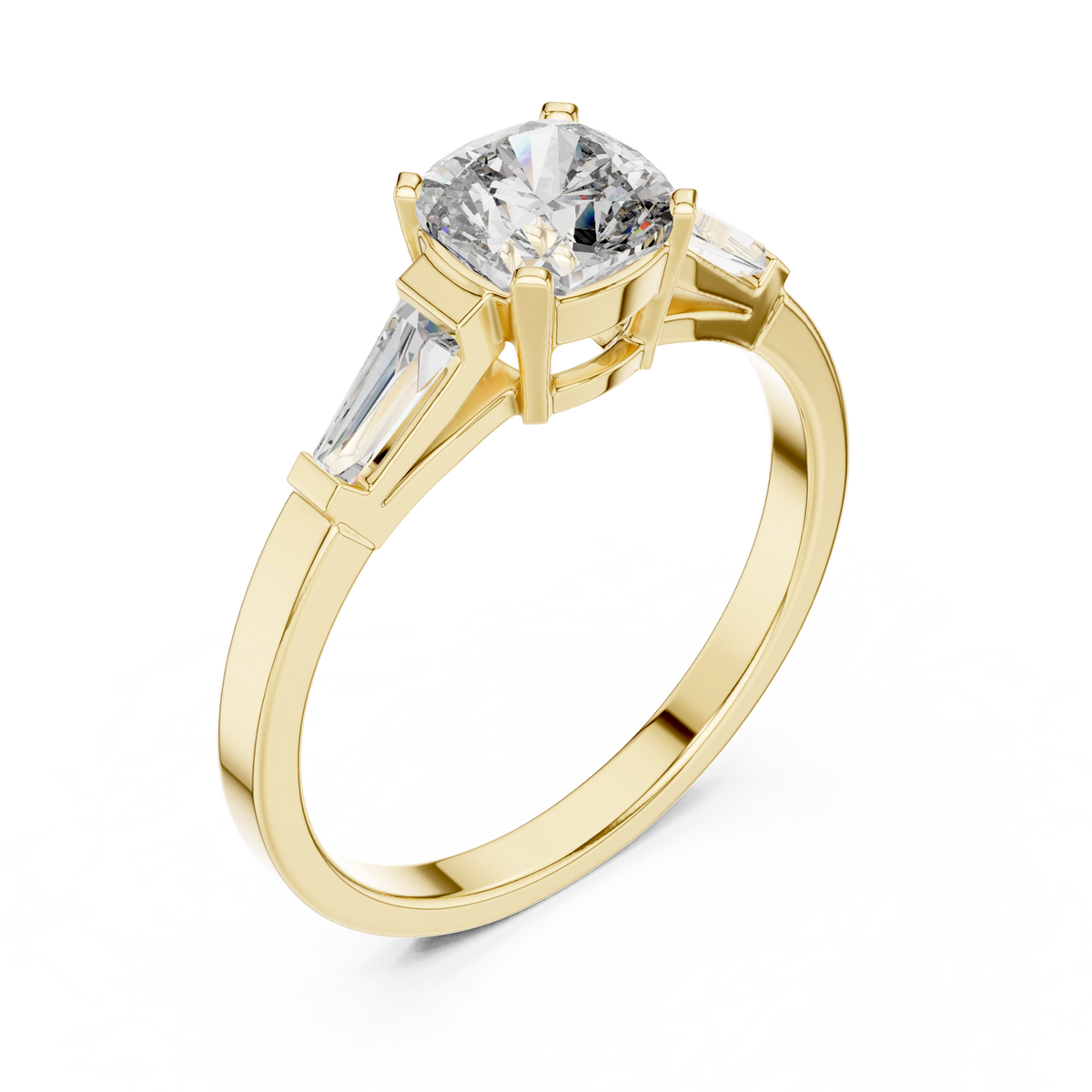 cushion cut engagement ring with tapered baguette side stone