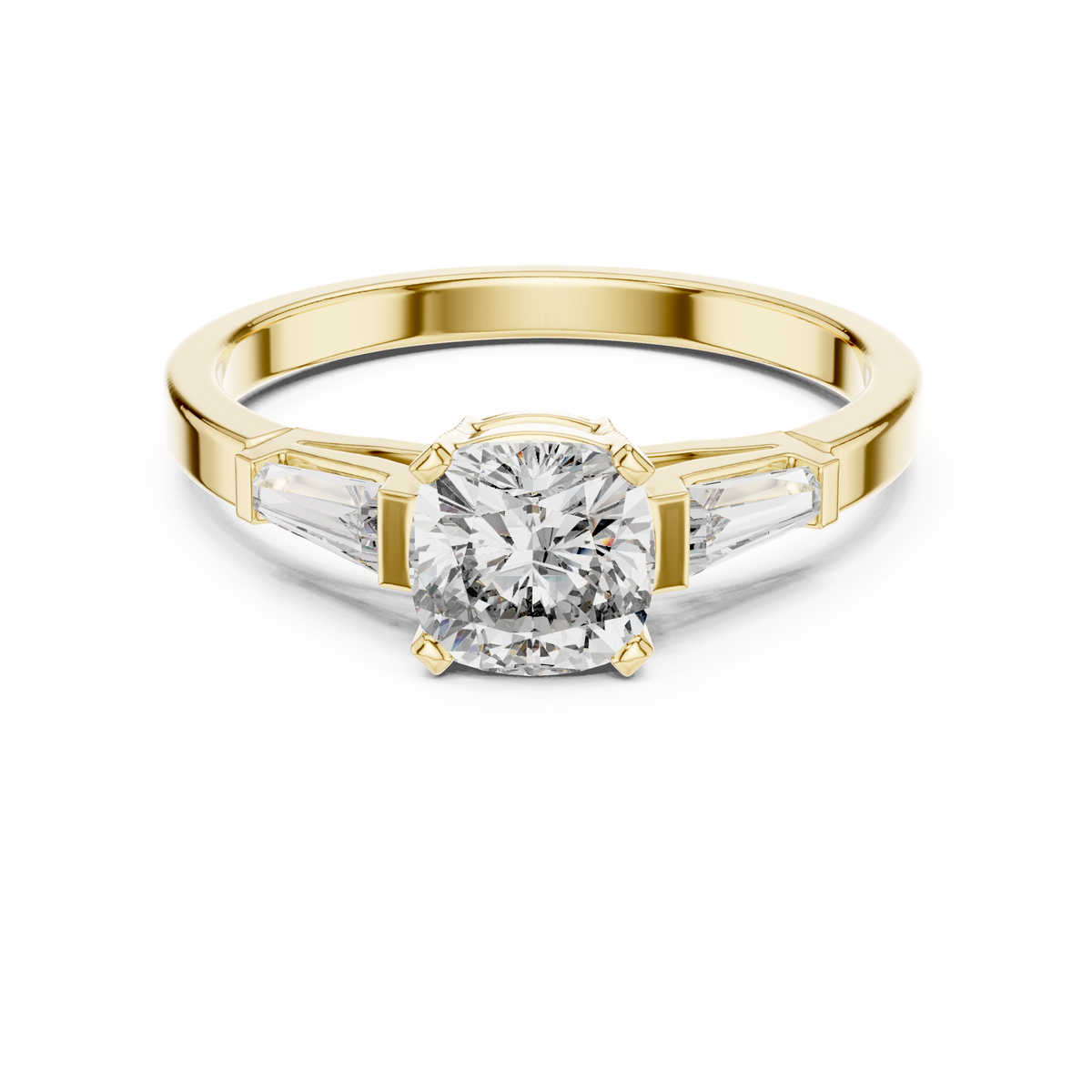 cushion cut engagement ring with tapered baguette side stone