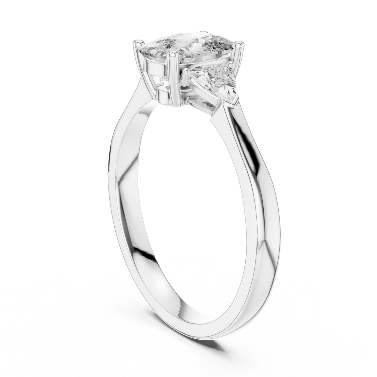 cushion stone with trillion side stone engagement ring