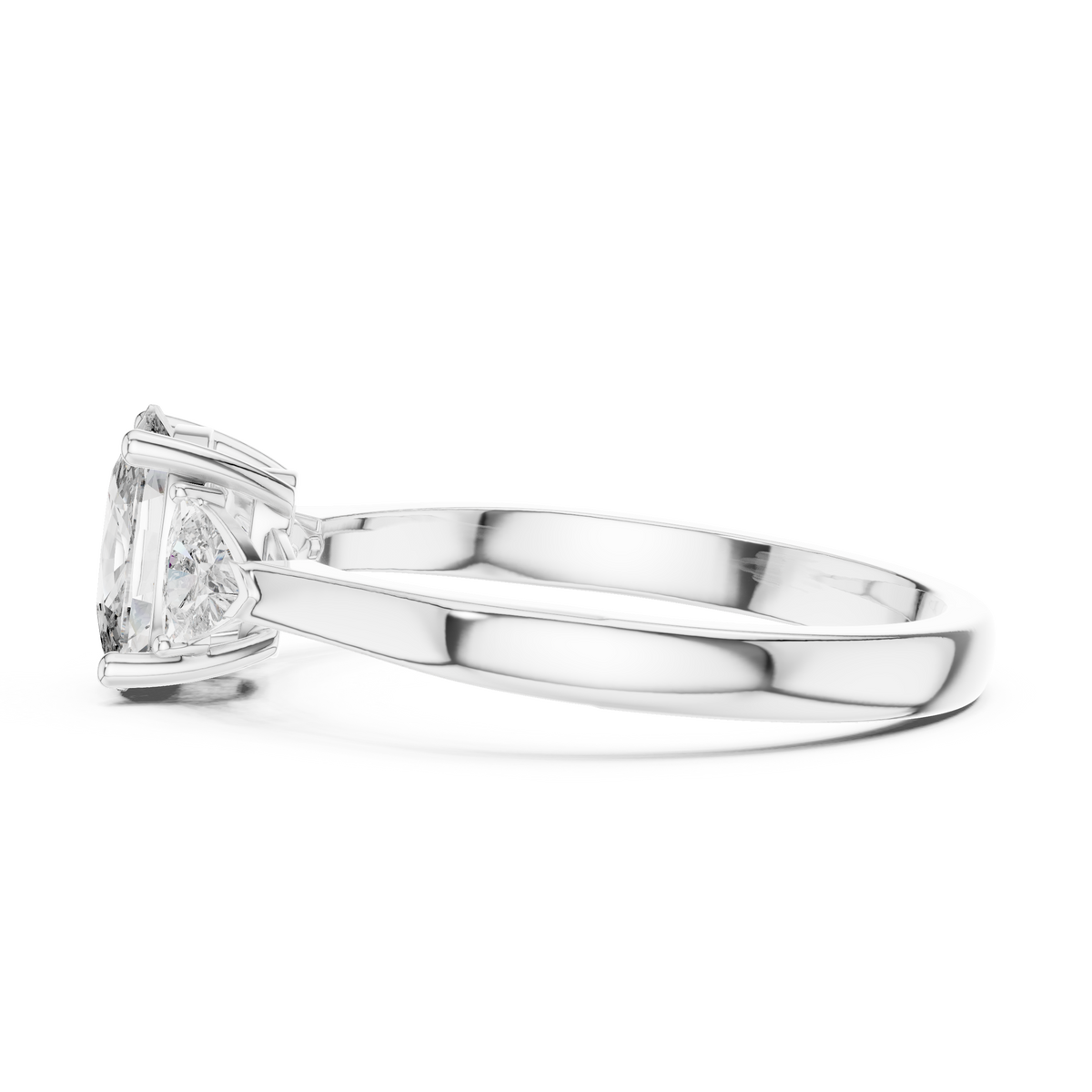 cushion stone with trillion side stone engagement ring