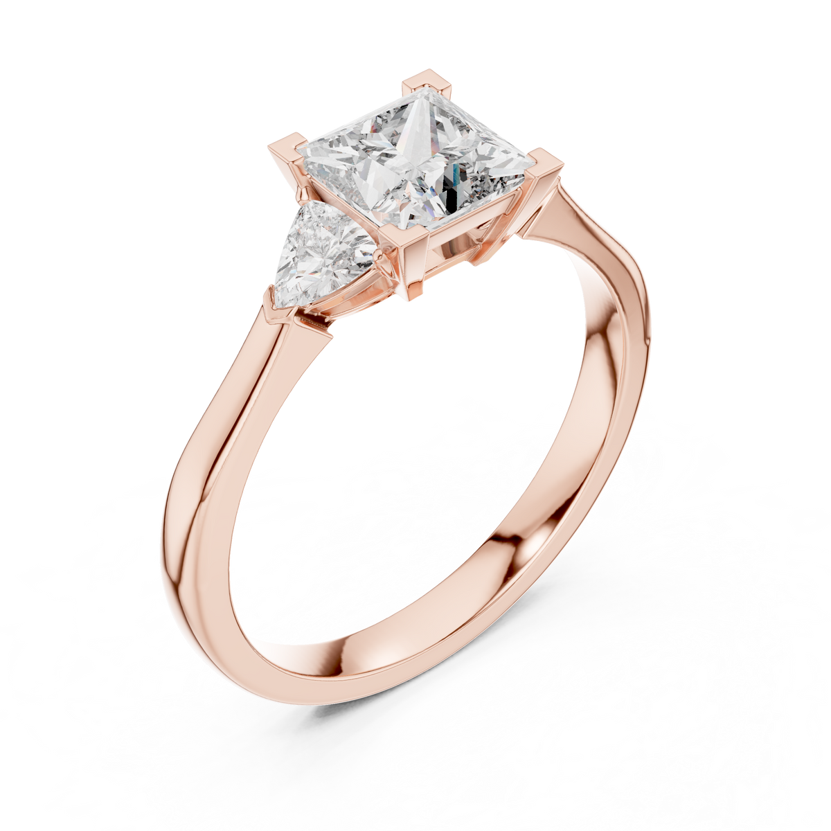 princess cut diamond with trillion stone ring