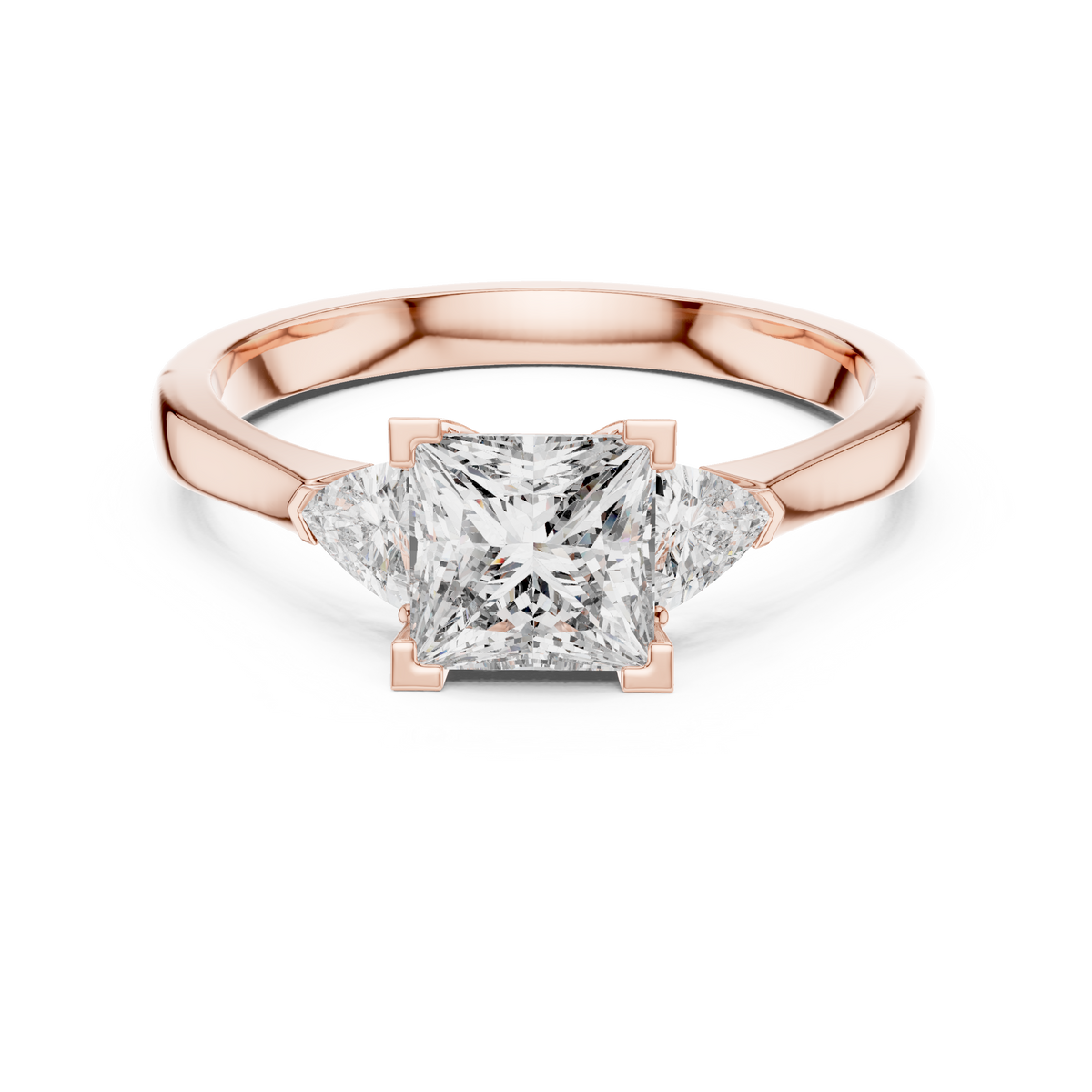 princess cut diamond with trillion stone ring