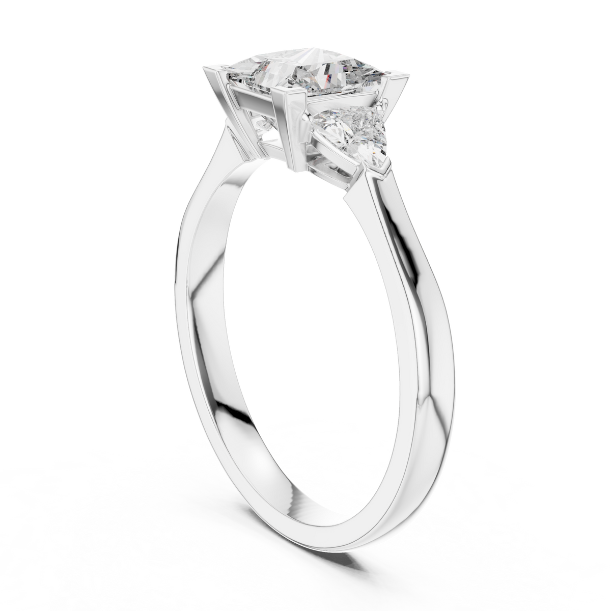 princess cut diamond with trillion stone ring
