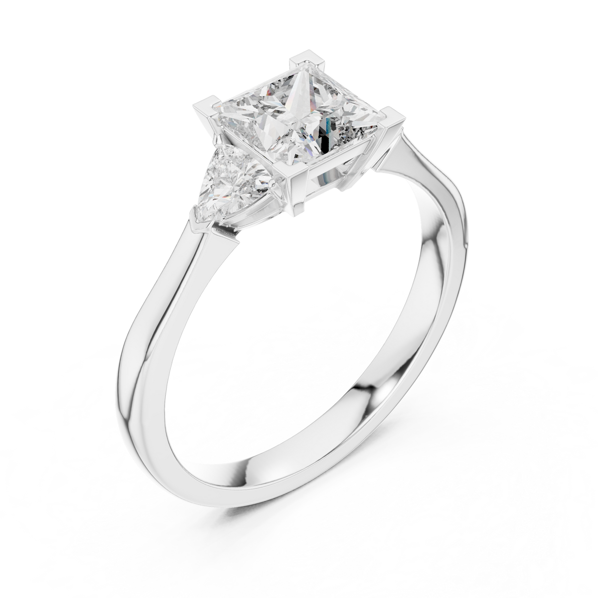 princess cut diamond with trillion stone ring