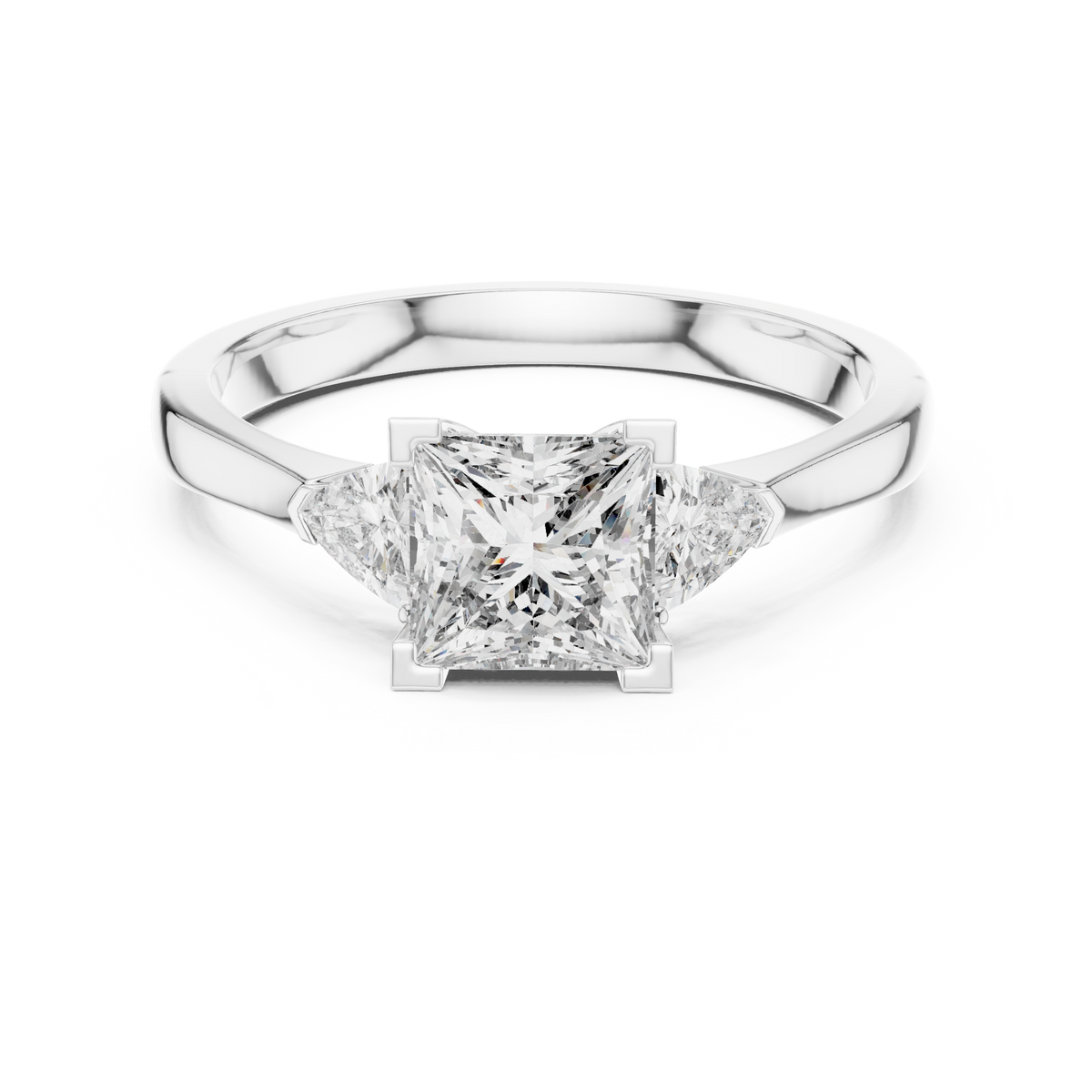 princess cut diamond with trillion stone ring