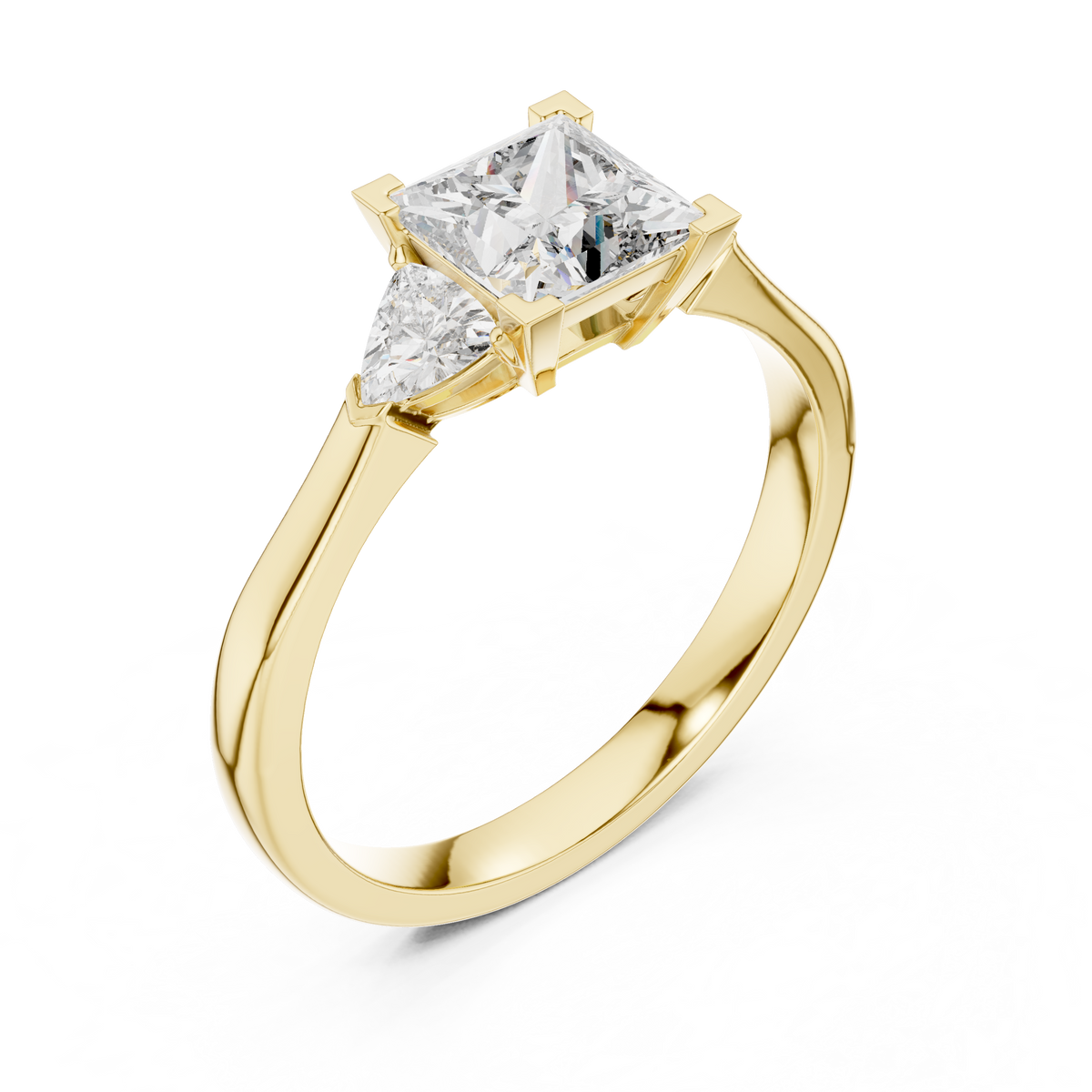 princess cut diamond with trillion stone ring