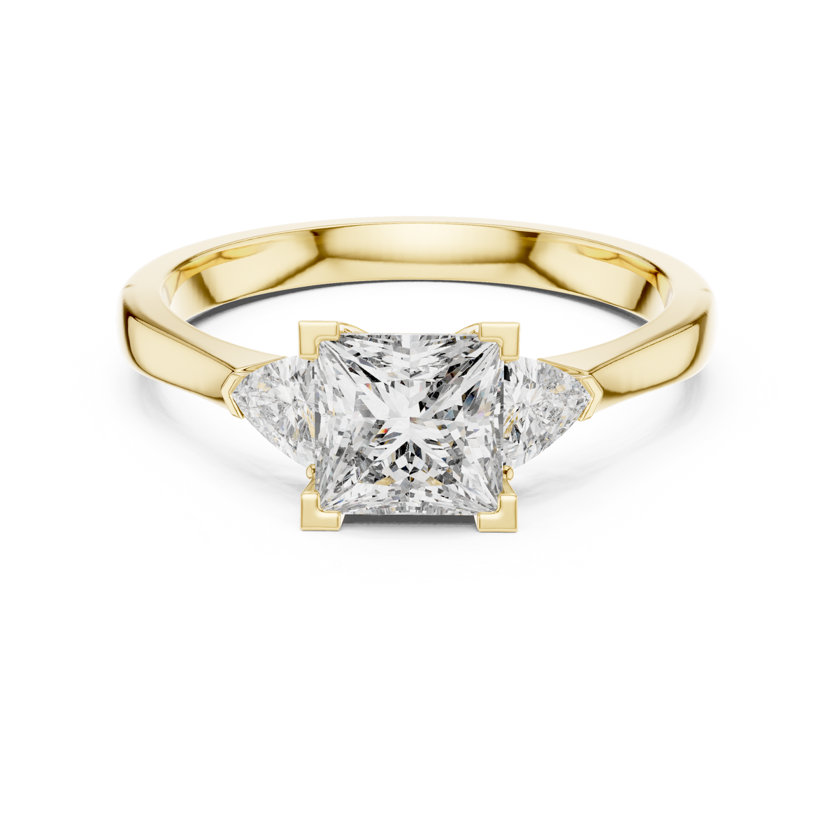 princess cut diamond with trillion stone ring
