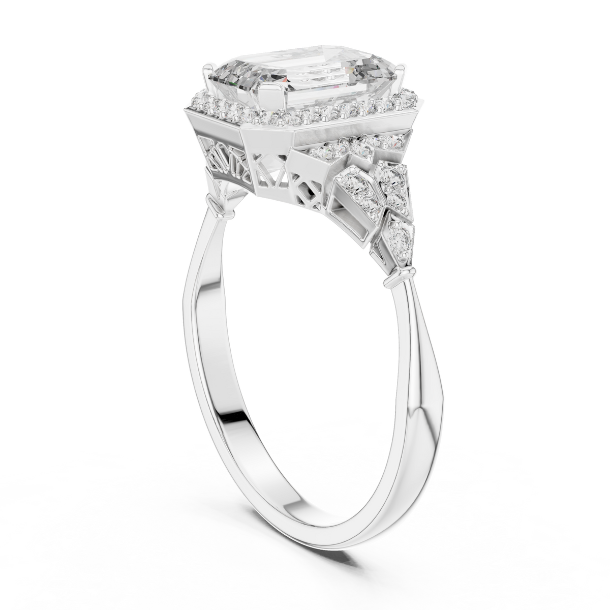 emerald cut diamond halo engagement ring