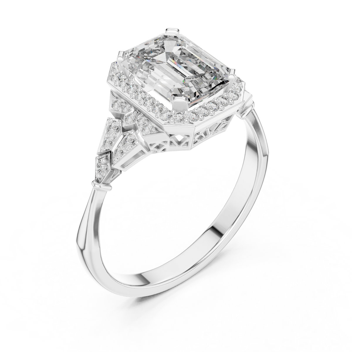 emerald cut diamond halo engagement ring