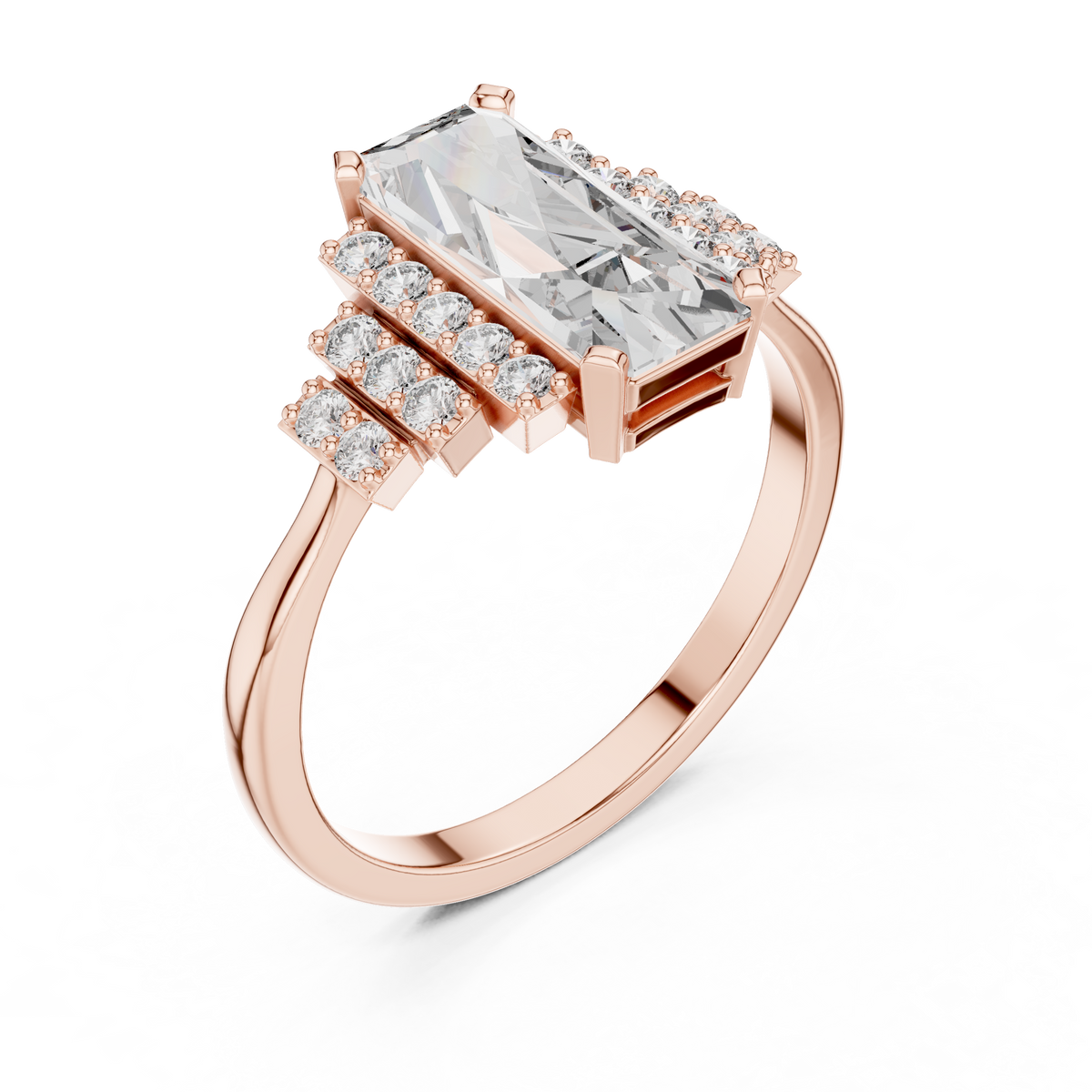 baguette cut diamond ring with tiered accent stones ring