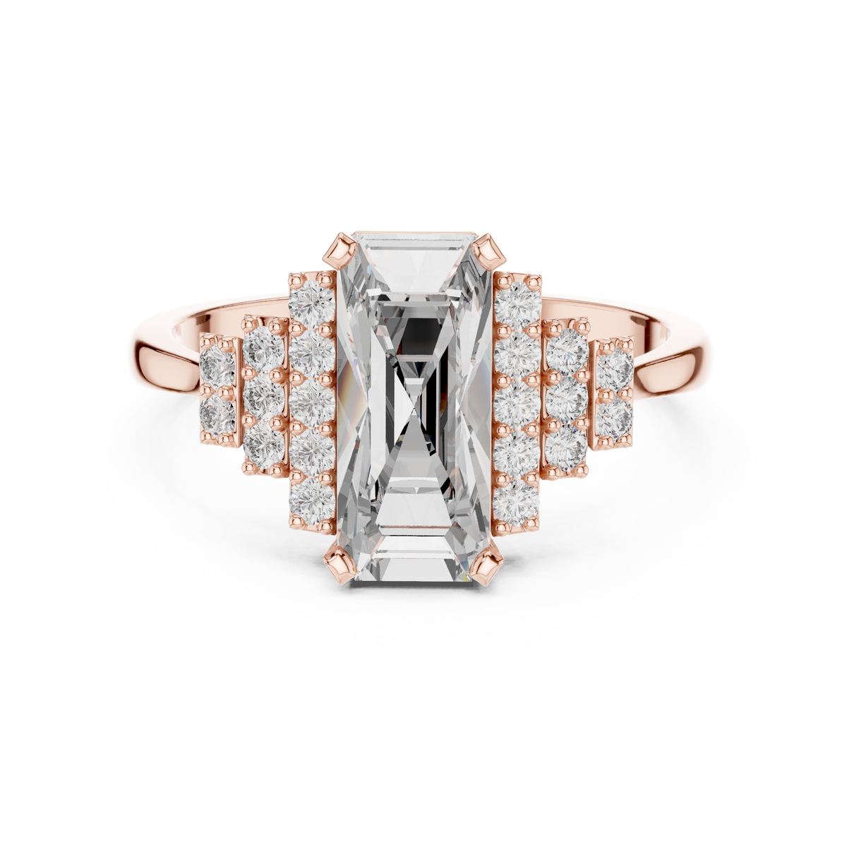 baguette cut diamond ring with tiered accent stones ring