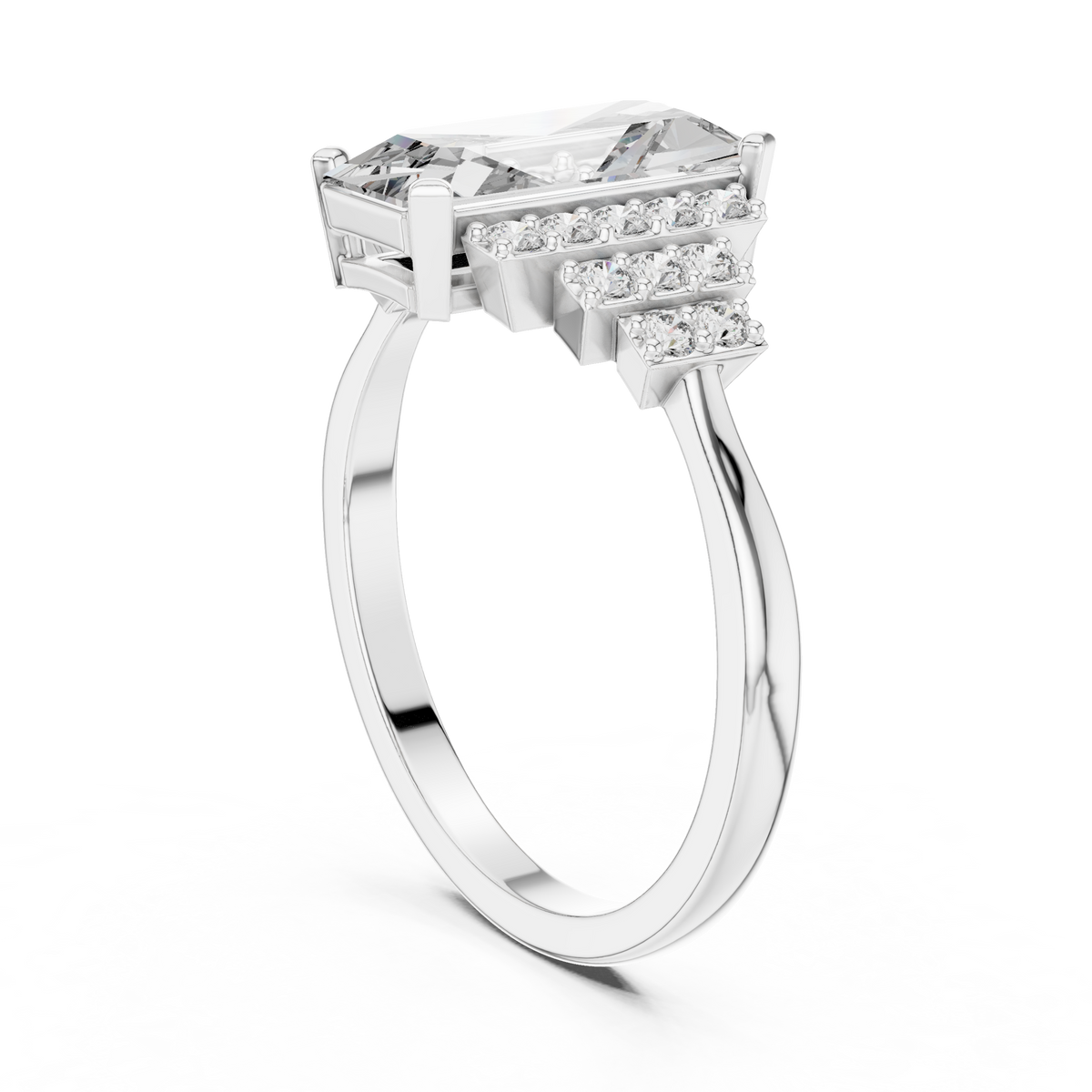 baguette cut diamond ring with tiered accent stones ring