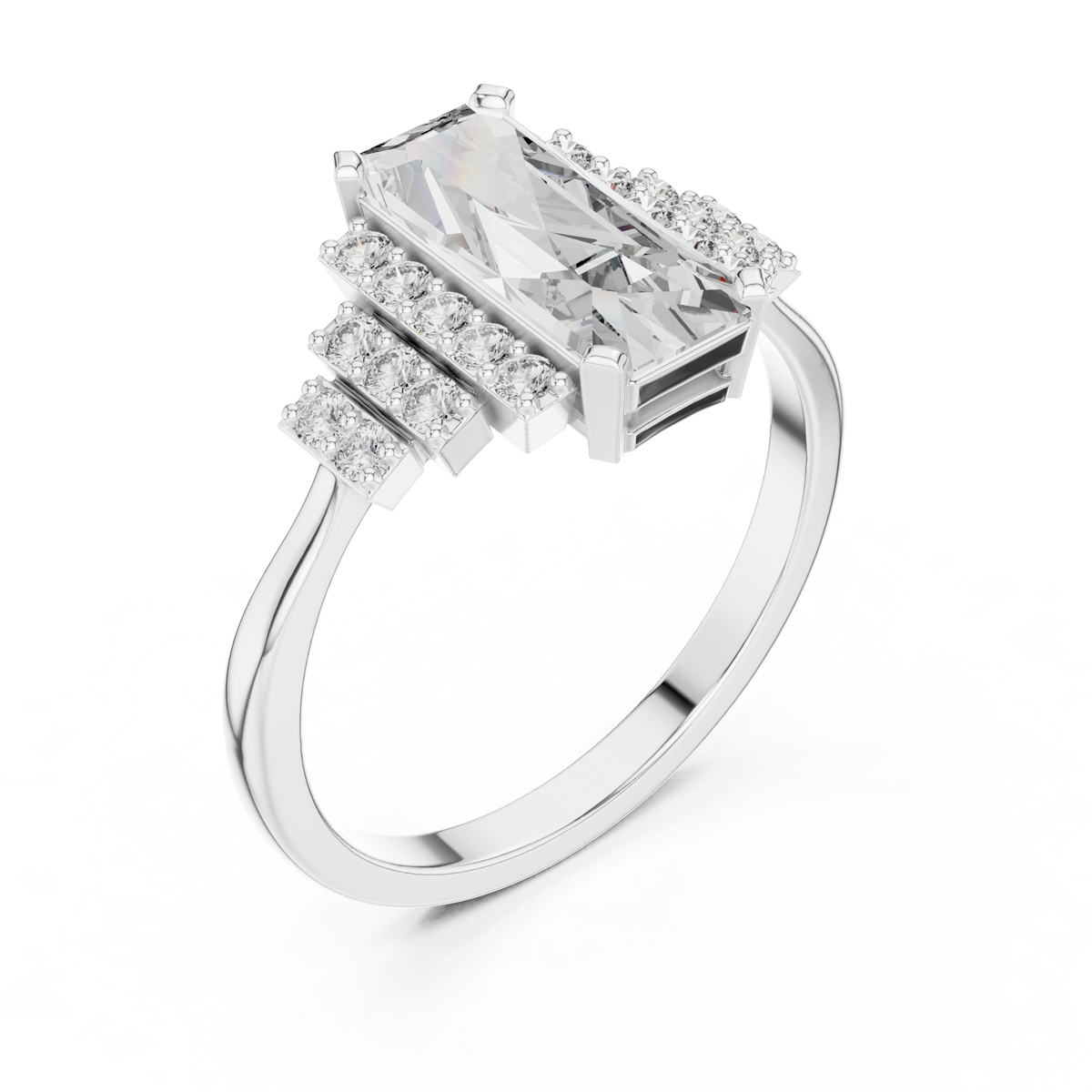 baguette cut diamond ring with tiered accent stones ring