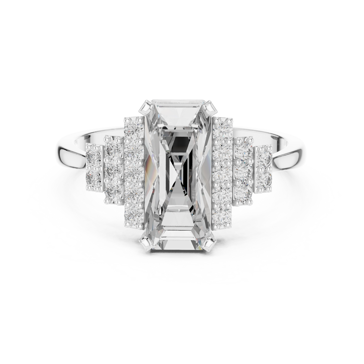 baguette cut diamond ring with tiered accent stones ring