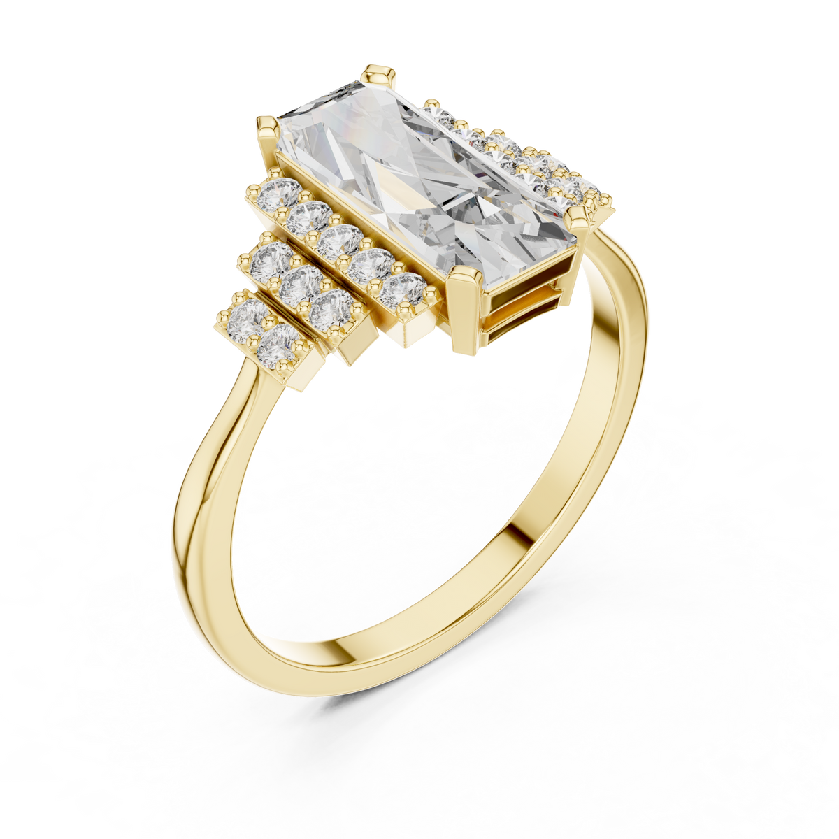 baguette cut diamond ring with tiered accent stones ring