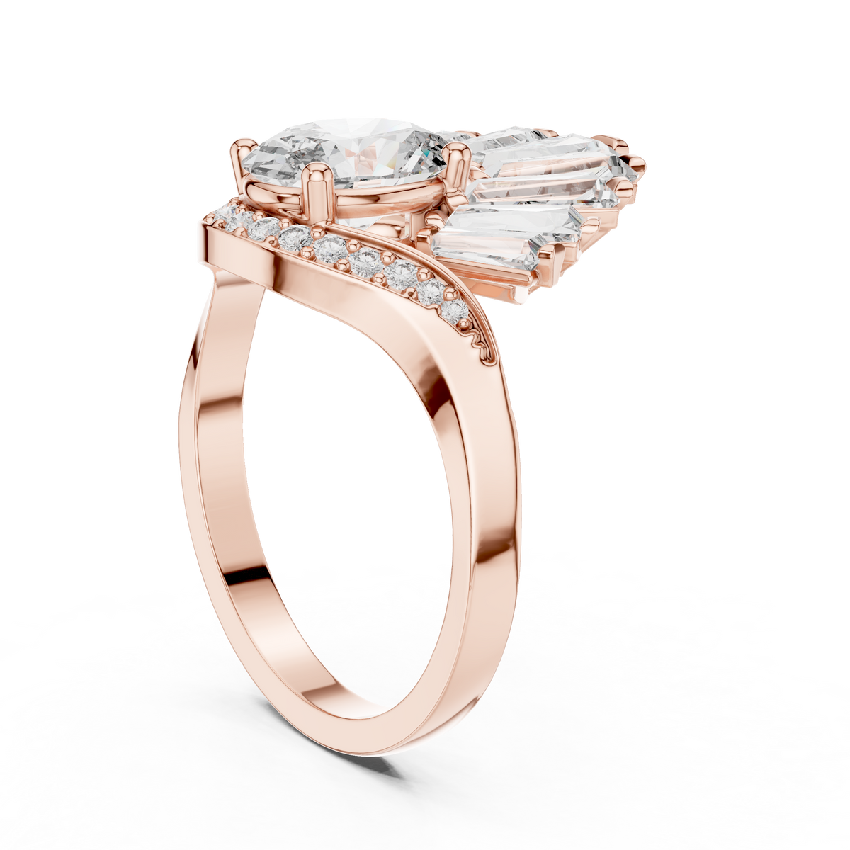 oval diamond art deco ring with tapered baguette side stone