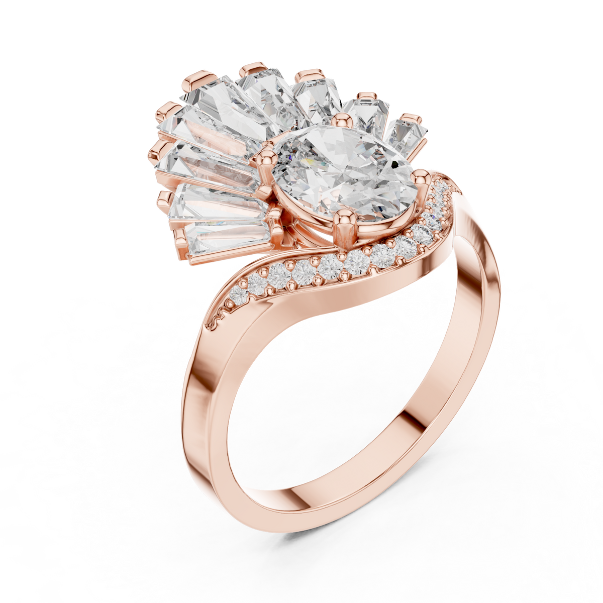 oval diamond art deco ring with tapered baguette side stone