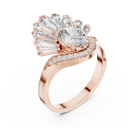 Oval Diamond Art Deco Ring With Tapered Baguette Side Stone