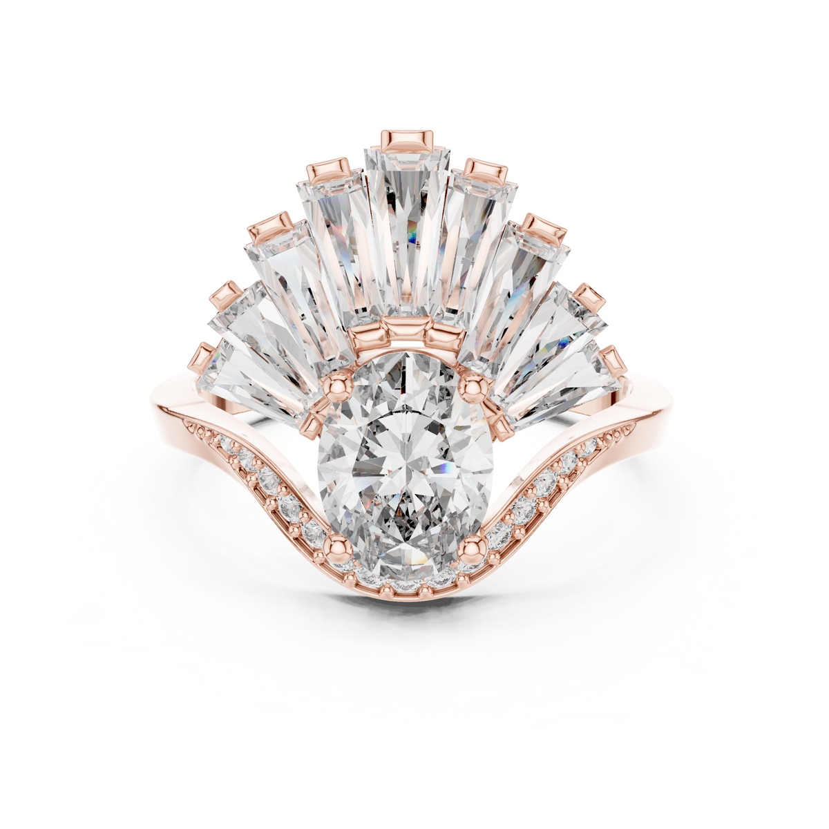 oval diamond art deco ring with tapered baguette side stone