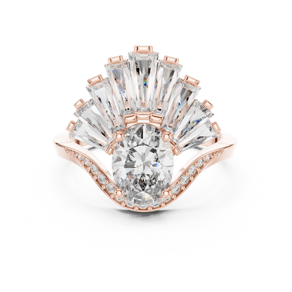 Oval Diamond Art Deco Ring With Tapered Baguette Side Stone