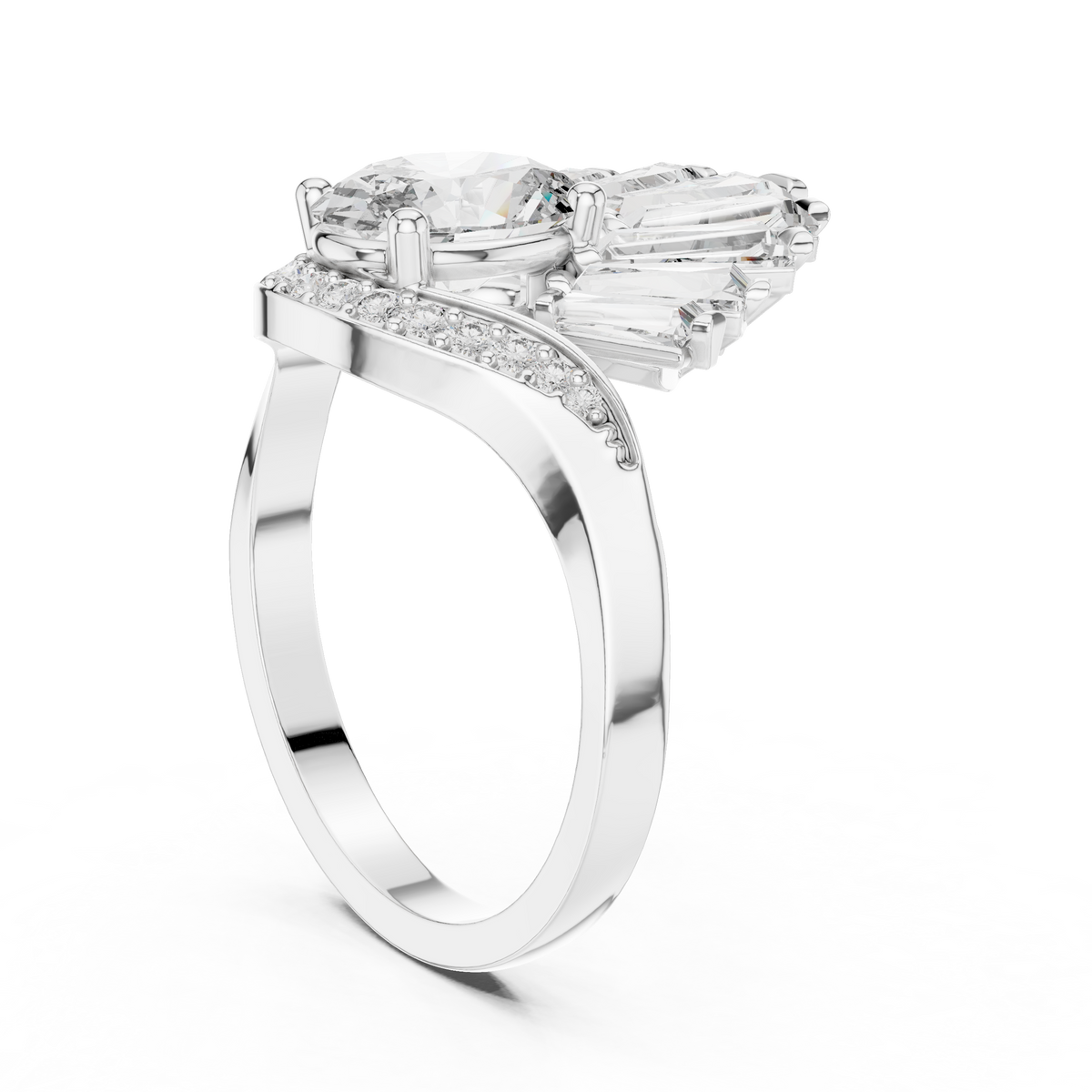 oval diamond art deco ring with tapered baguette side stone