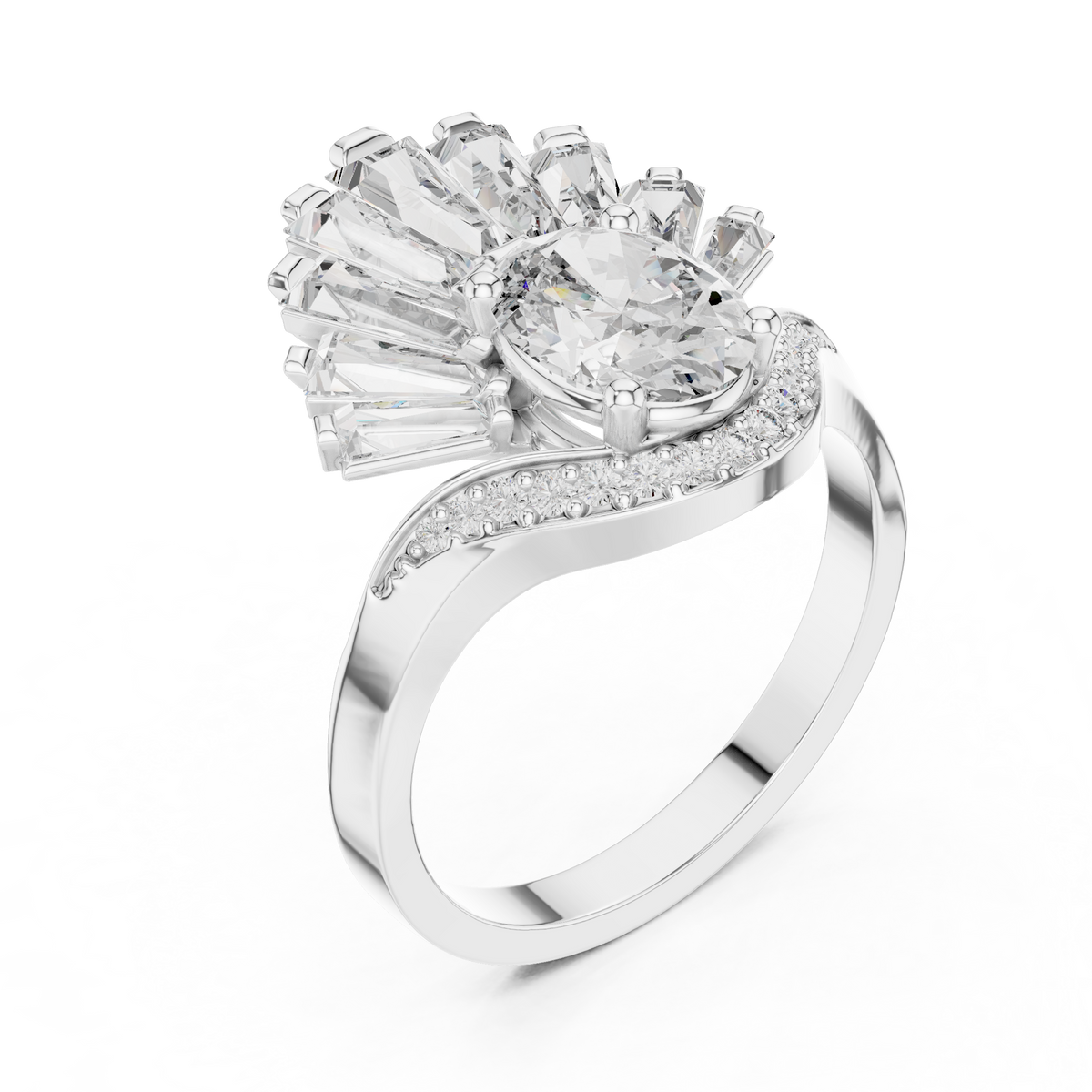 oval diamond art deco ring with tapered baguette side stone