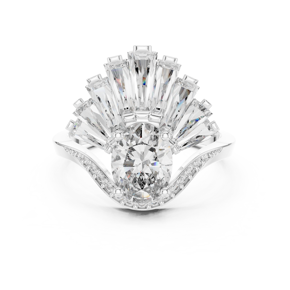 oval diamond art deco ring with tapered baguette side stone