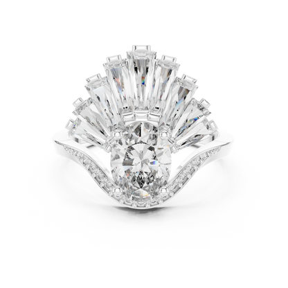 Oval Diamond Art Deco Ring With Tapered Baguette Side Stone
