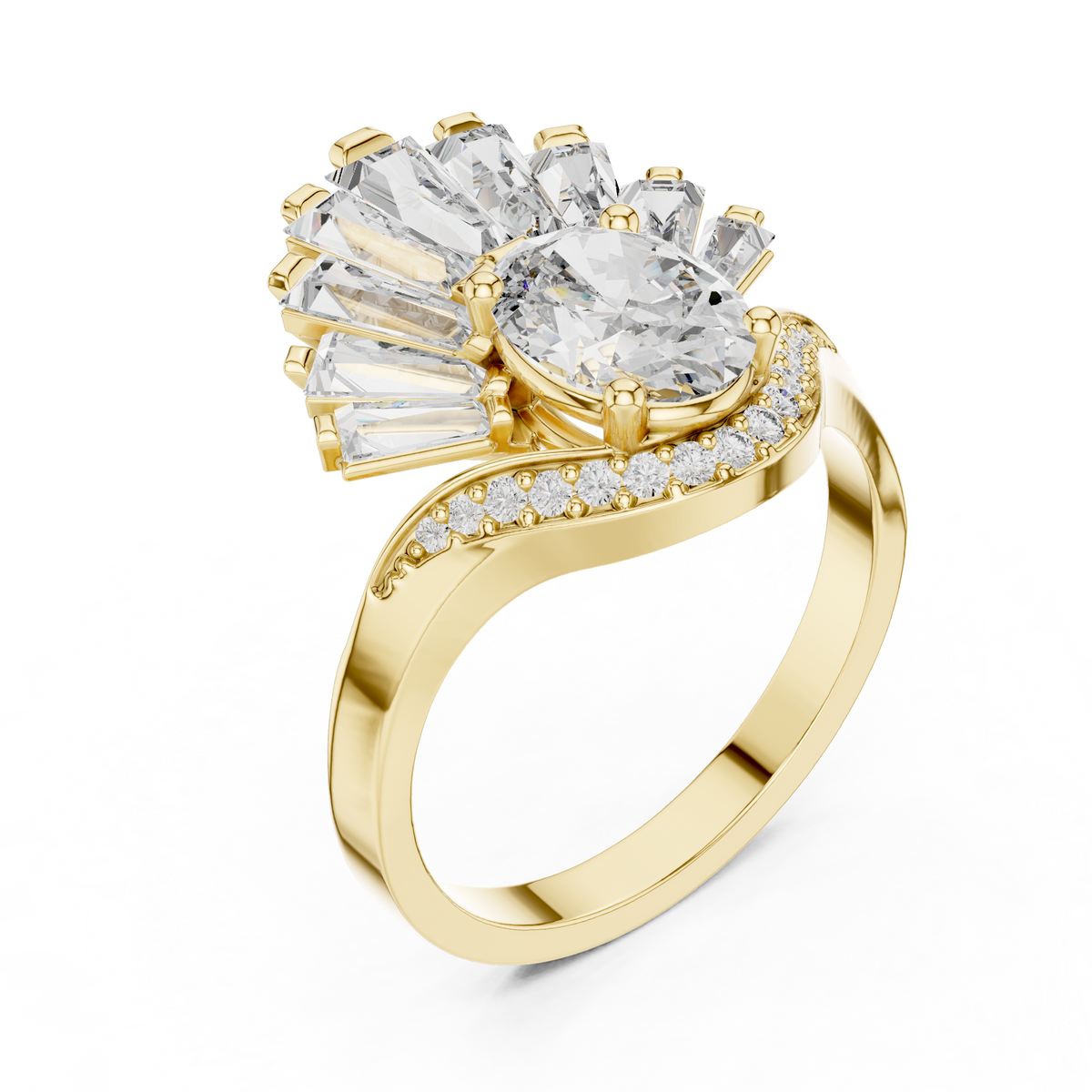 oval diamond art deco ring with tapered baguette side stone