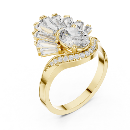 Oval Diamond Art Deco Ring With Tapered Baguette Side Stone