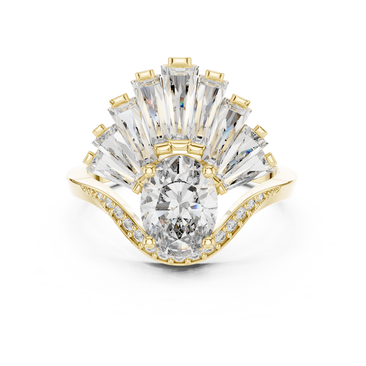 oval diamond art deco ring with tapered baguette side stone