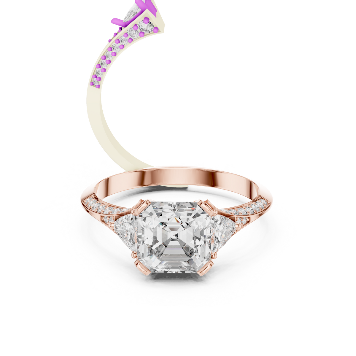 emerald cut engagement ring with trillion side stone