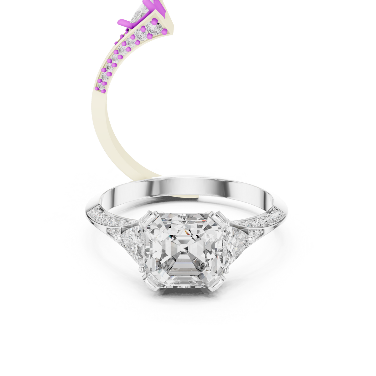 emerald cut engagement ring with trillion side stone