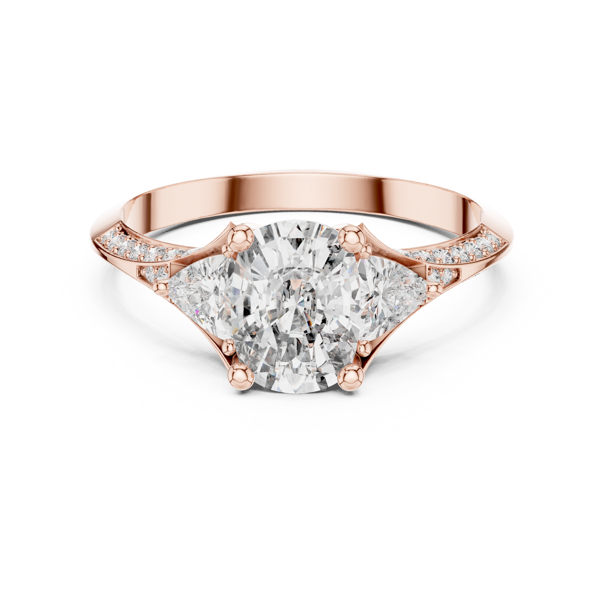 cushion cut engagement ring with trillion side stone
