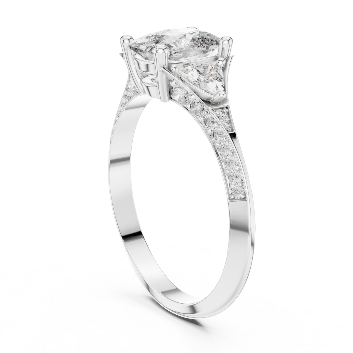 cushion cut engagement ring with trillion side stone
