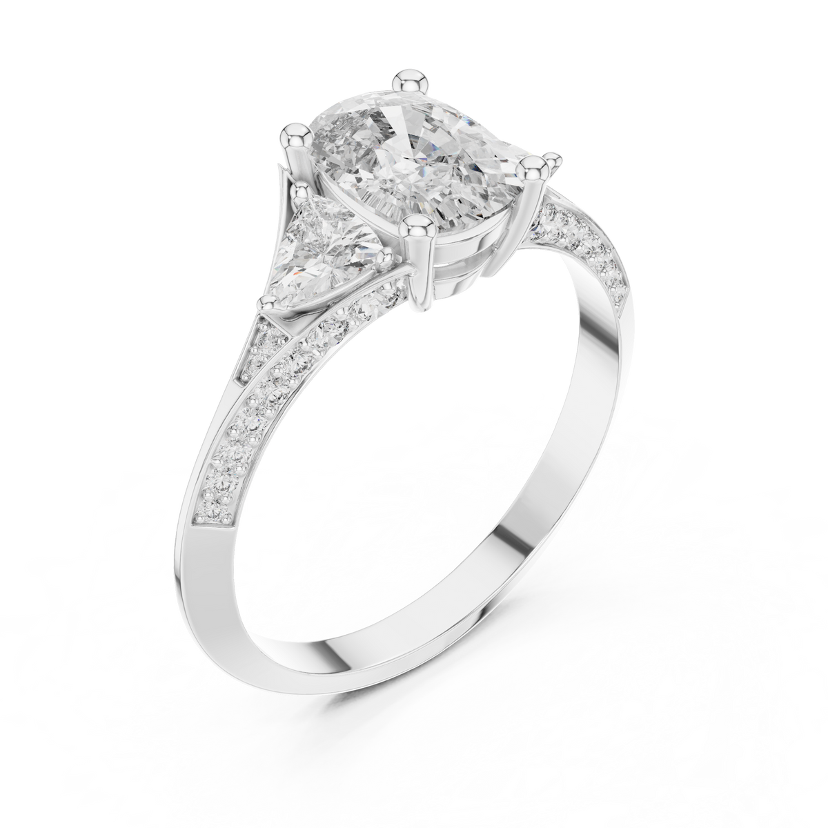 cushion cut engagement ring with trillion side stone