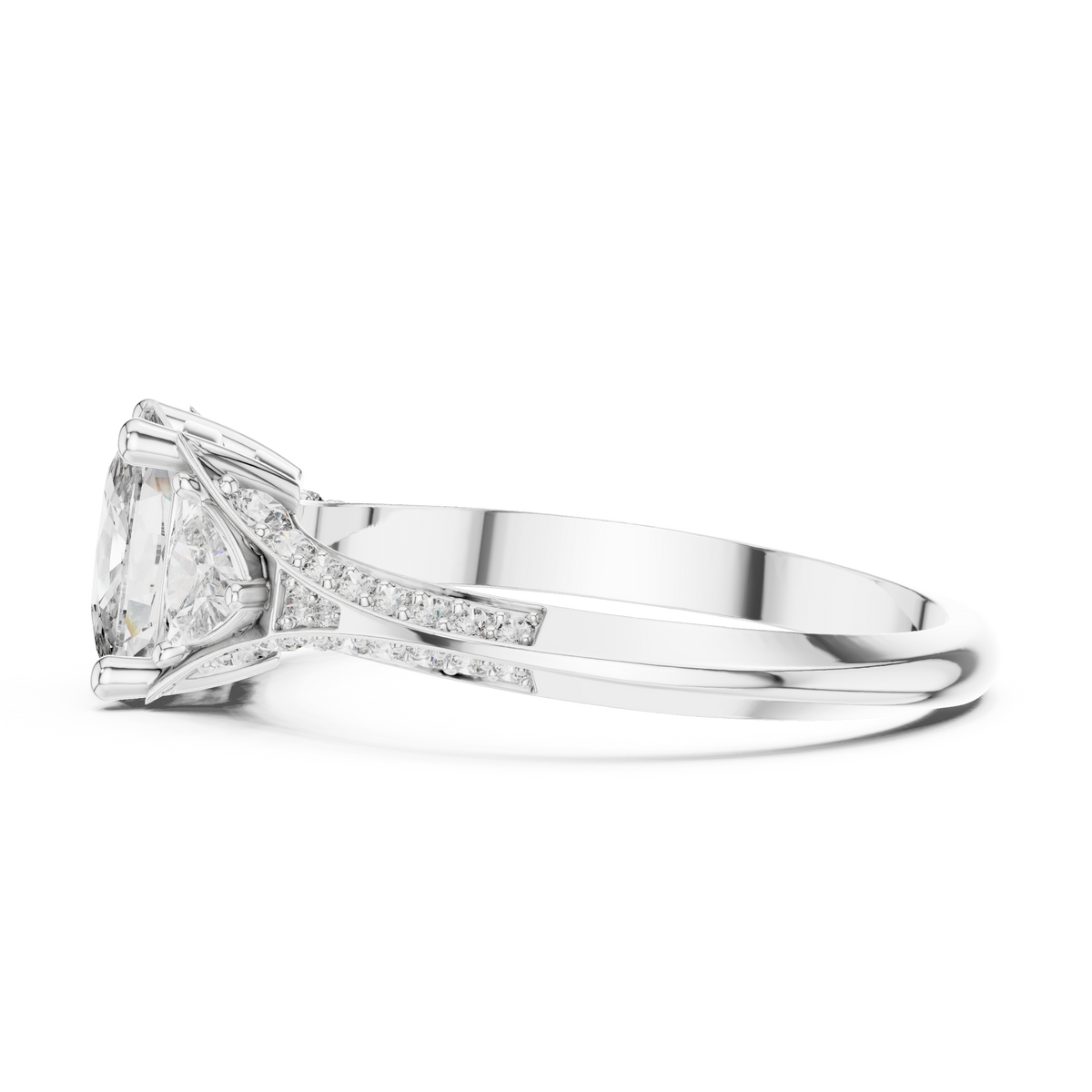 cushion cut engagement ring with trillion side stone