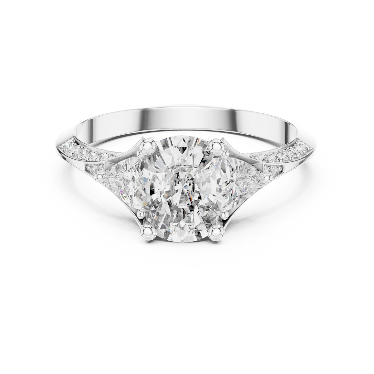 cushion cut engagement ring with trillion side stone