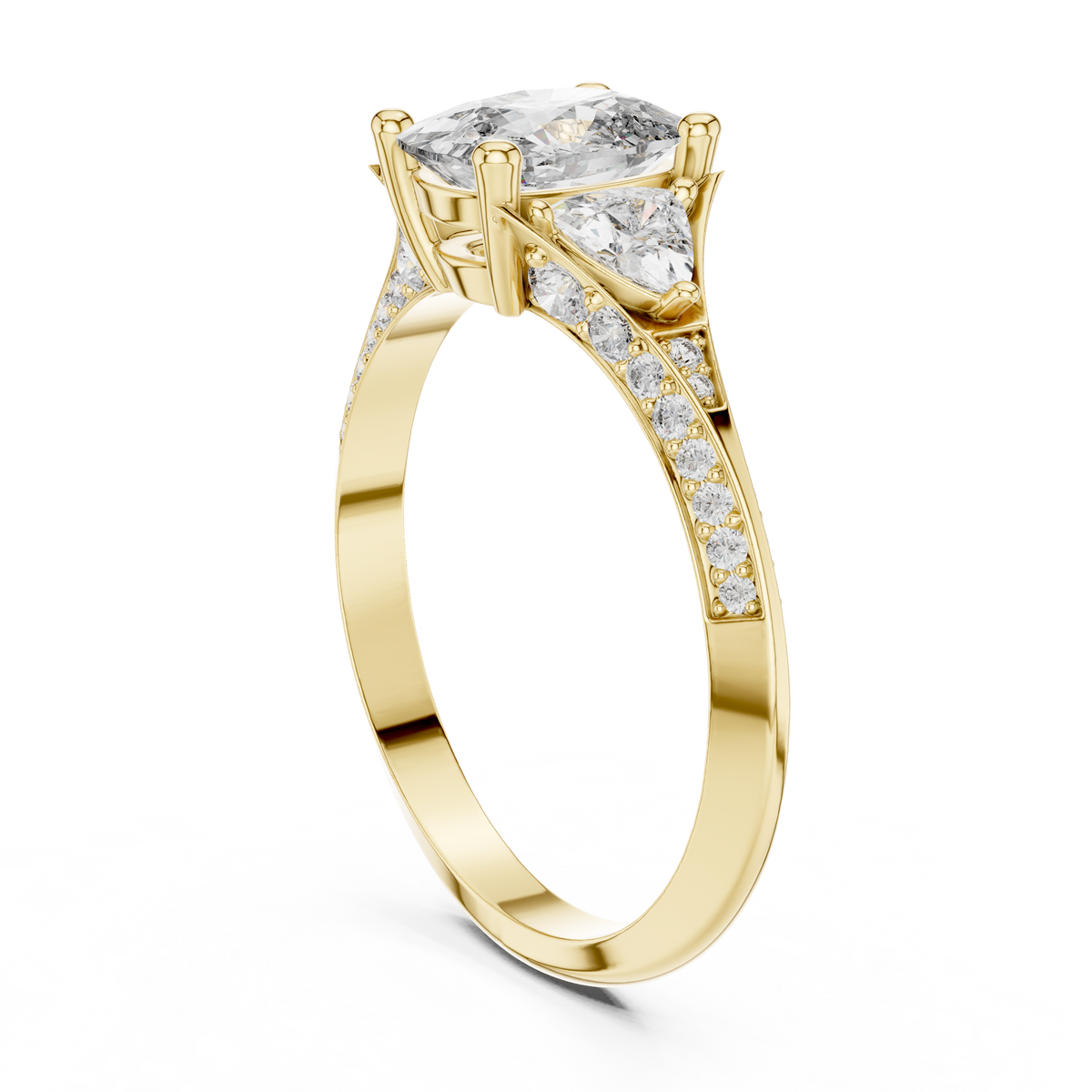 cushion cut engagement ring with trillion side stone