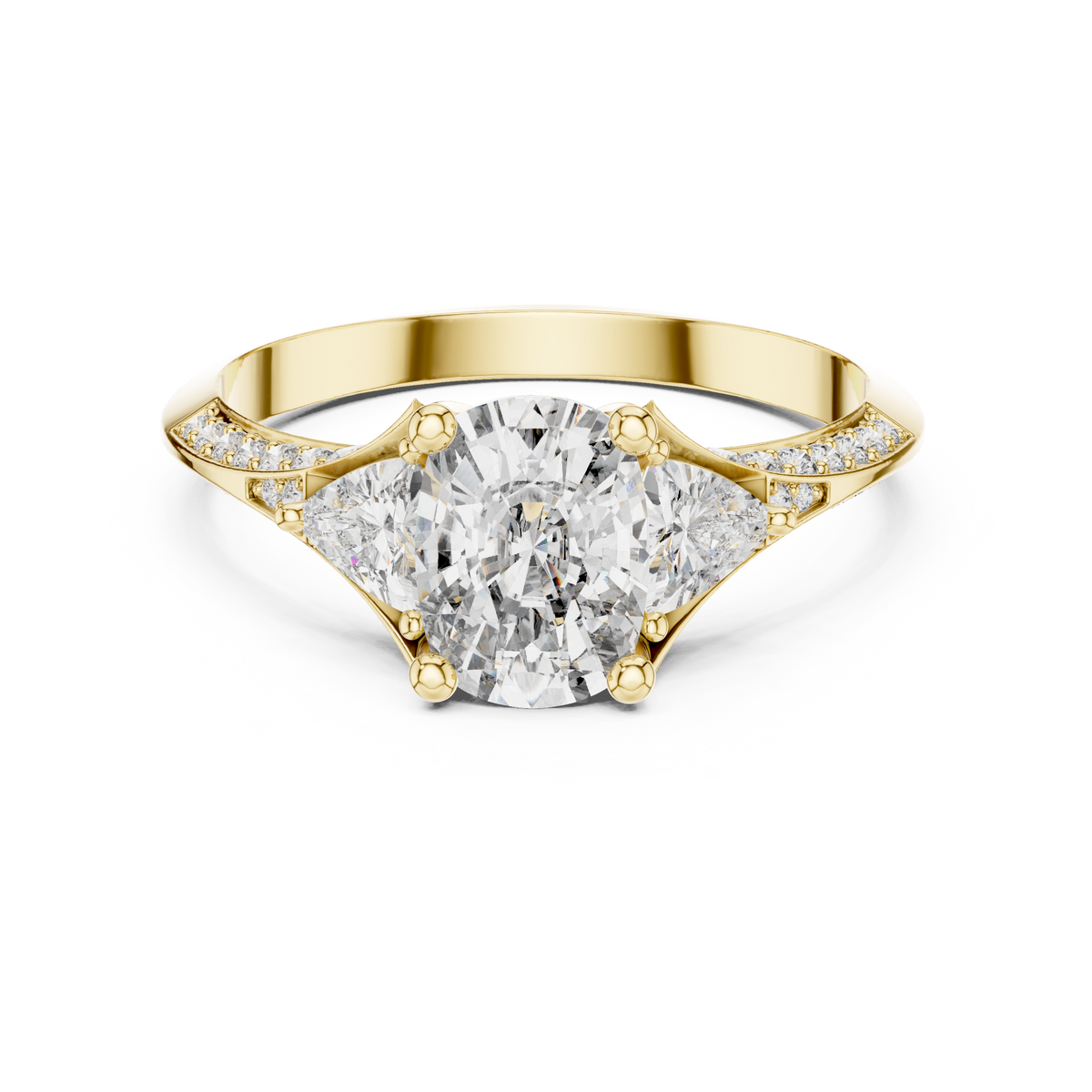 cushion cut engagement ring with trillion side stone