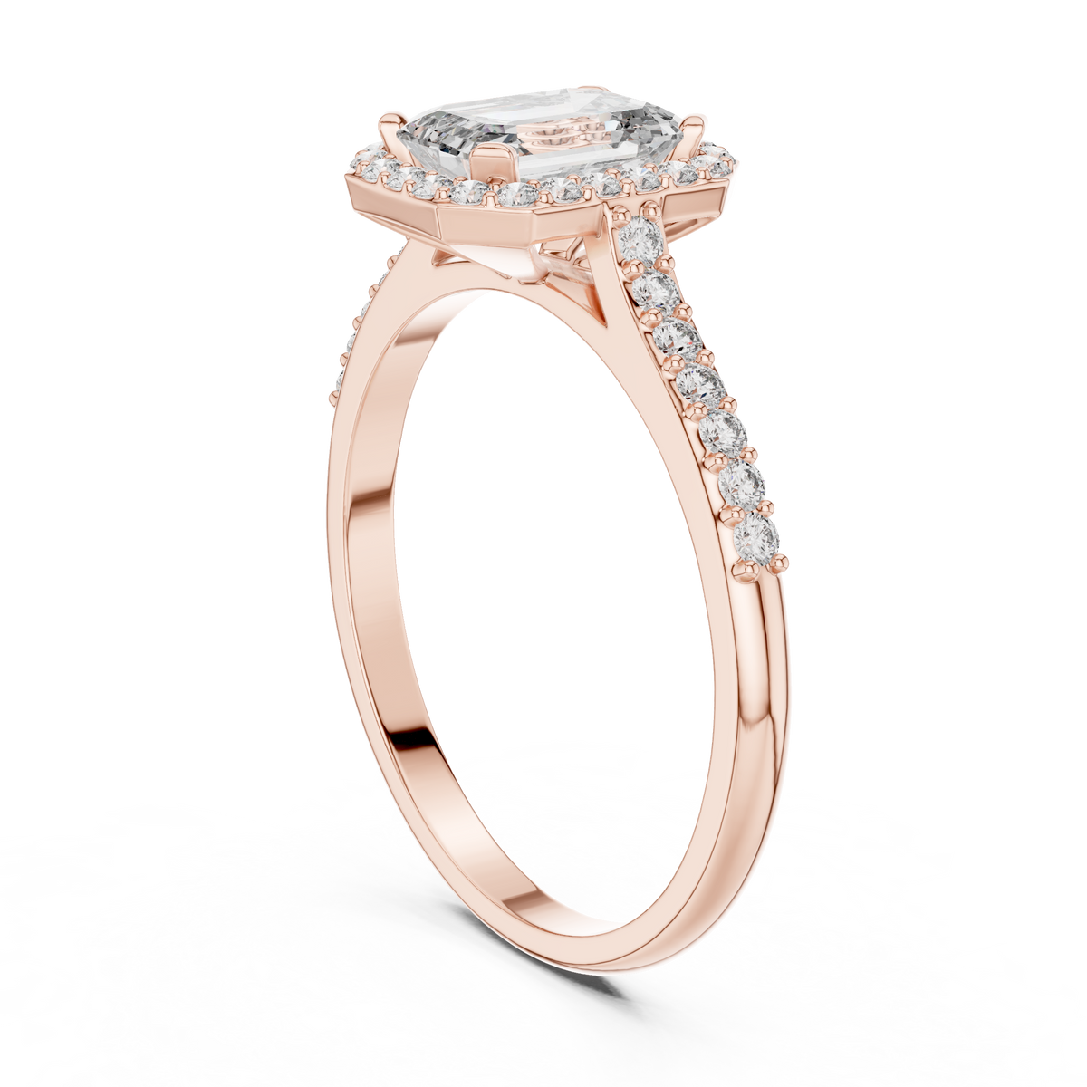 emerald cut side halo engagement ring