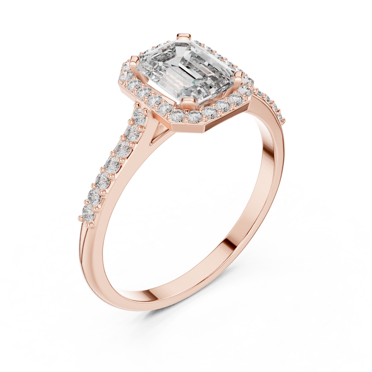 emerald cut side halo engagement ring