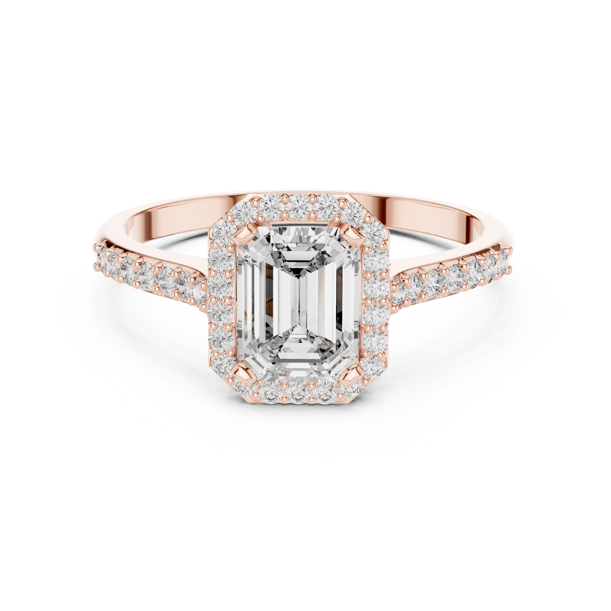 emerald cut side halo engagement ring