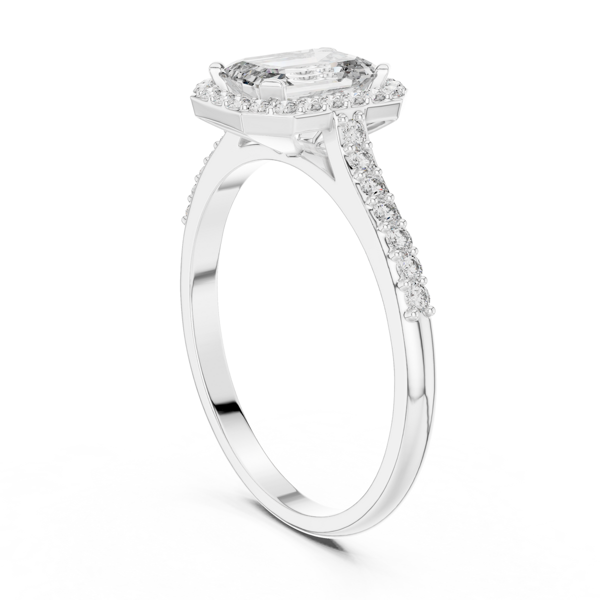 emerald cut side halo engagement ring