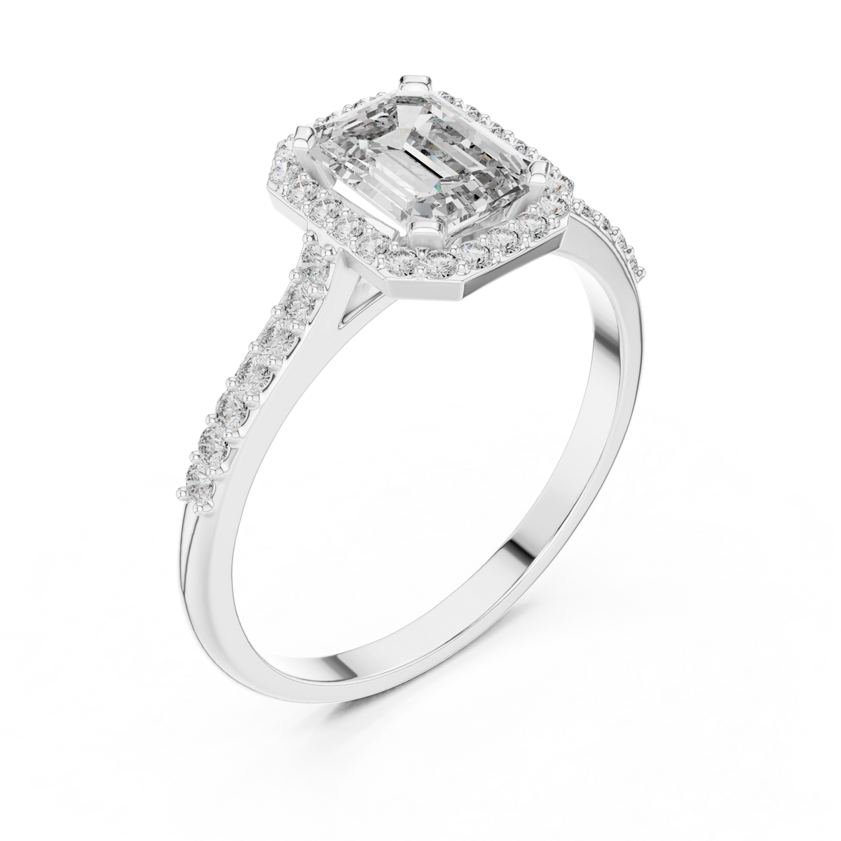 emerald cut side halo engagement ring